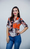 Bluza tunica in V cu imprimeu multicolor