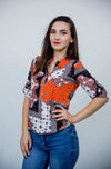 Bluza tunica in V cu imprimeu multicolor