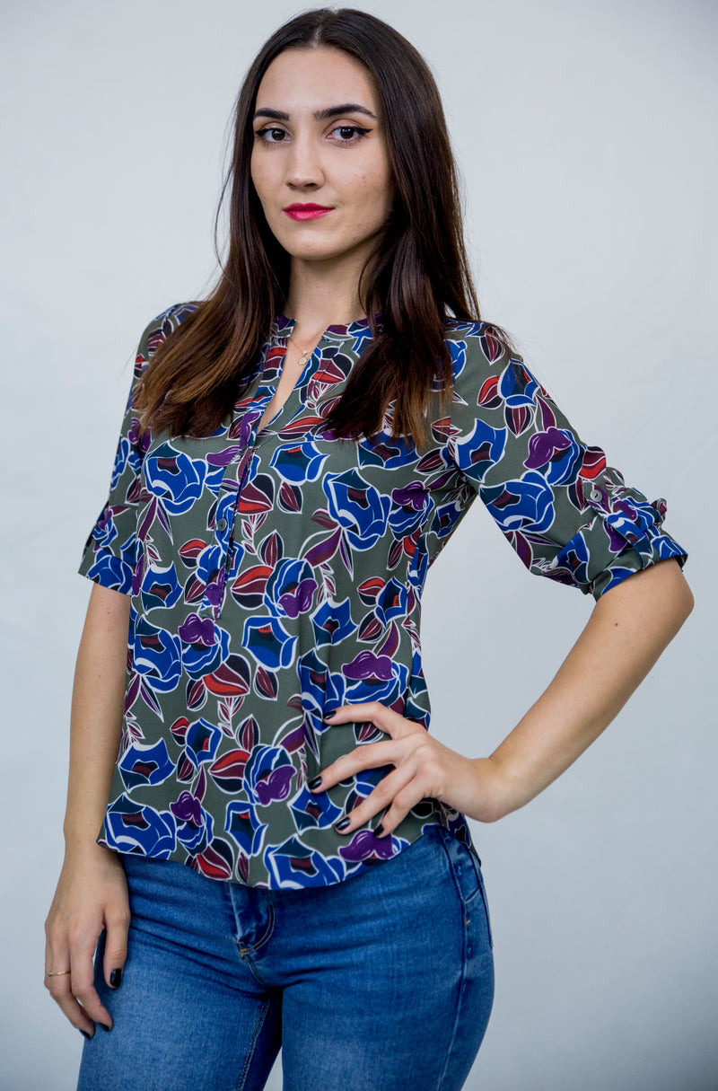 Bluza tunica in V cu imprimeu floral