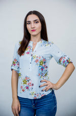 Bluza tunica in V cu imprimeu floral multicolor