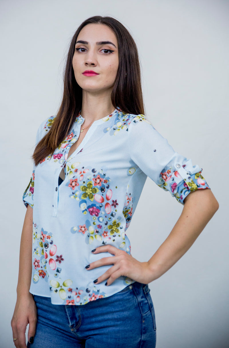 Bluza tunica in V cu imprimeu floral multicolor