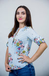 Bluza tunica in V cu imprimeu floral multicolor