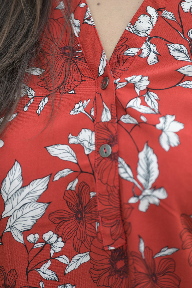 Bluza tunica in V, rosie cu imprimeu floral