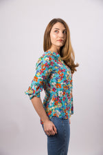 Bluza tunica in V, turqoise cu imprimeu floral