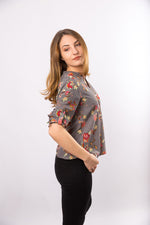 Bluza tunica in V,  gri cu imprimeu floral