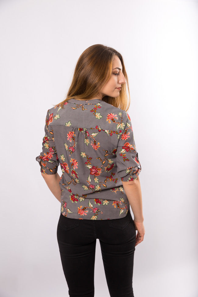 Bluza tunica in V,  gri cu imprimeu floral