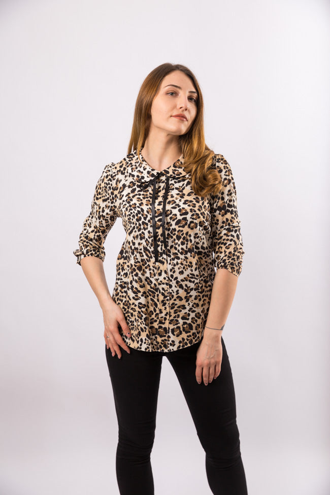 Bluza guler rotund cu imprimeu leopard